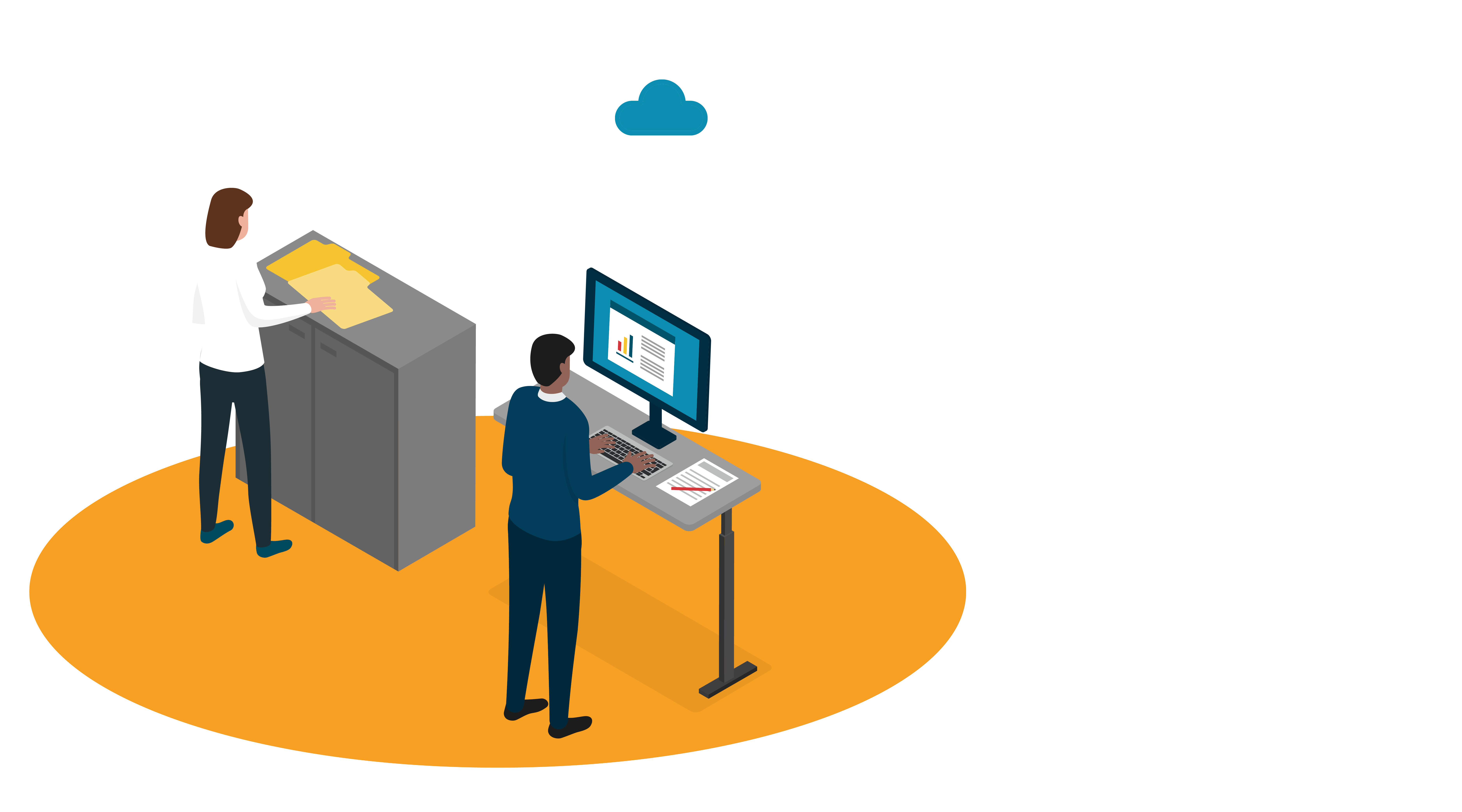 isometric design showing women in front of cabinet with folders transitioning to man standing in front of computer and data moving into the cloud